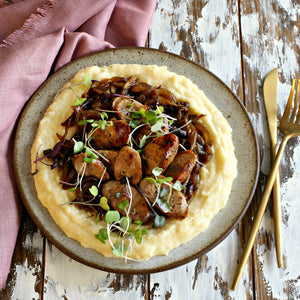 Sausage with Caramelized Onions and Cheesy Polenta